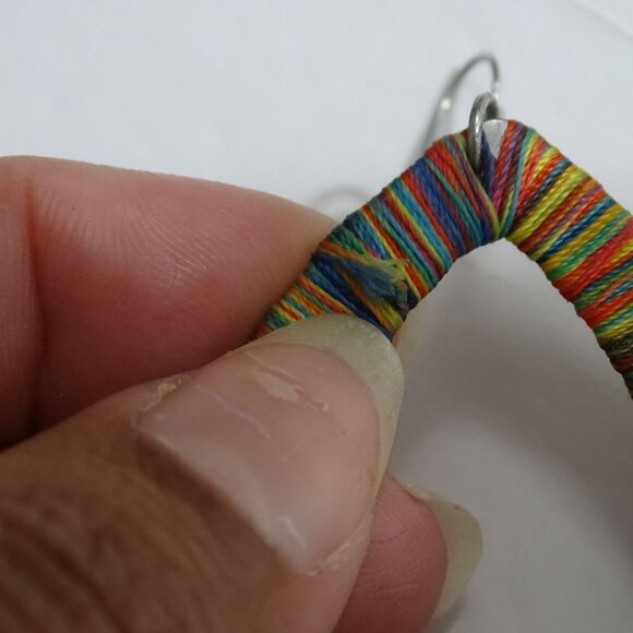 Multicolor Thread Wrapped Teardrop Earrings With Silver Hooks 2.5" x 2" - Picture 6 of 6